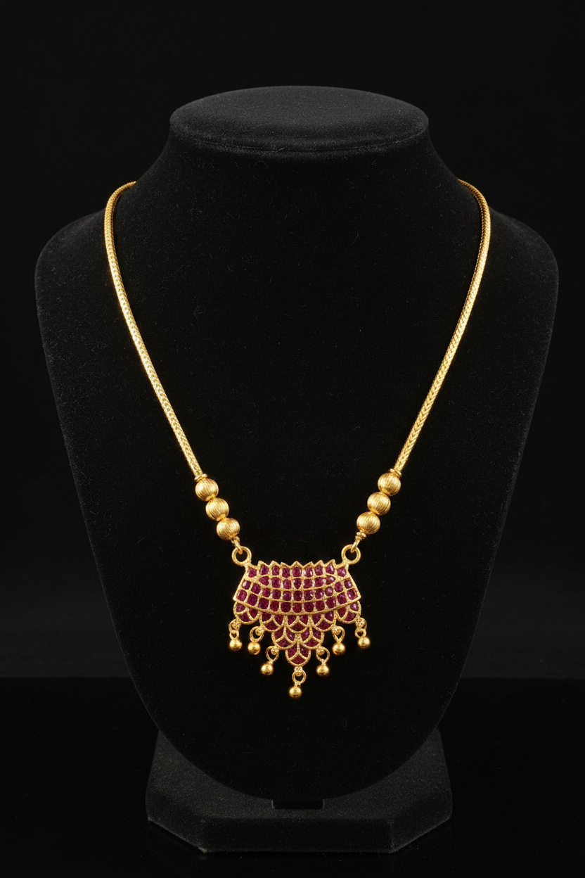 Ruby Stone Fan Pendant Necklace on black background