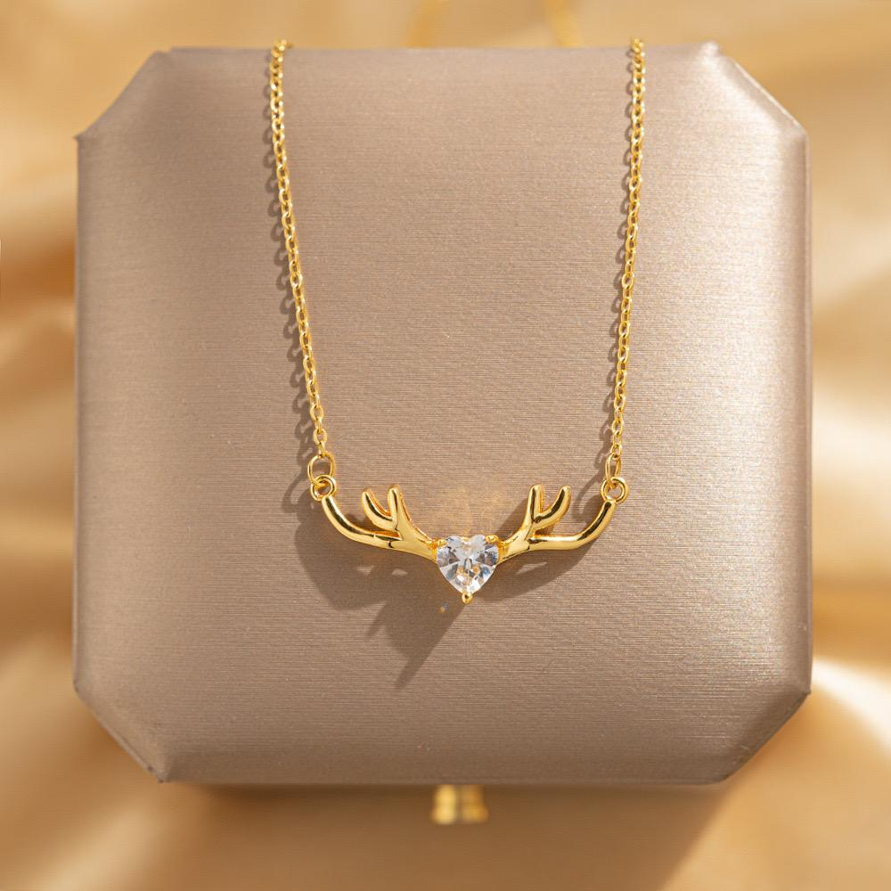 Anti tarnish - Gold Plated Antler Heart Crystal Necklace