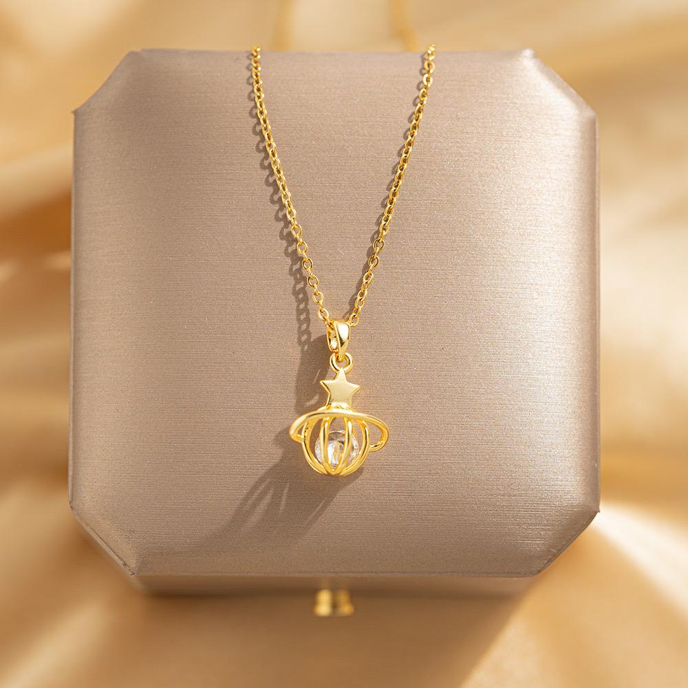 Anti Tarnish Gold Plated Saturn Cage Crystal Pendant Necklace