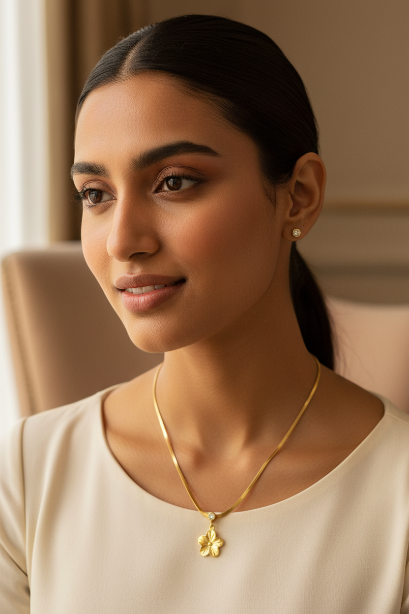 Young woman wearing gold flower pendant necklace and crystal stud earrings