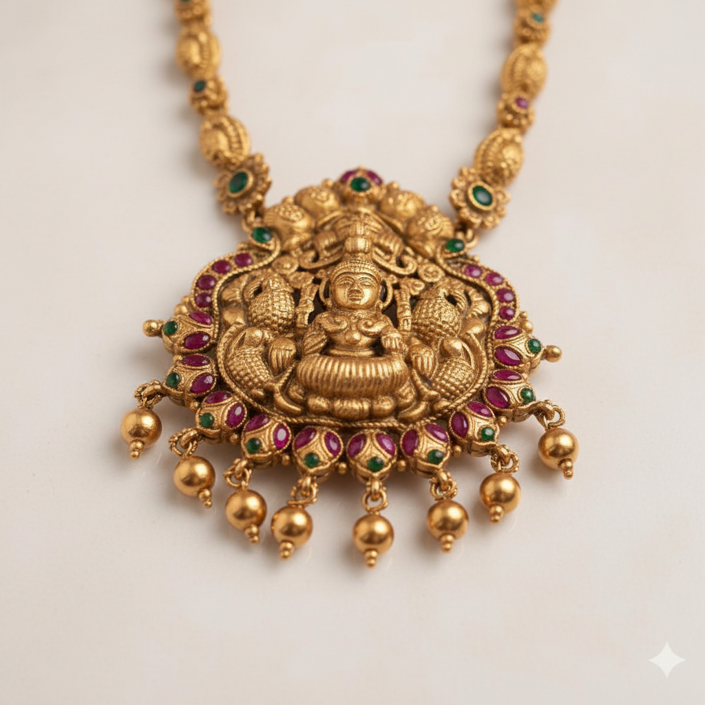 Close-up of Lakshmi pendant with ruby and emerald stones and gold ball drops