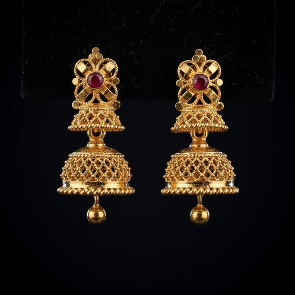 Micro Gold Forming Double Jhumka Earrings front view