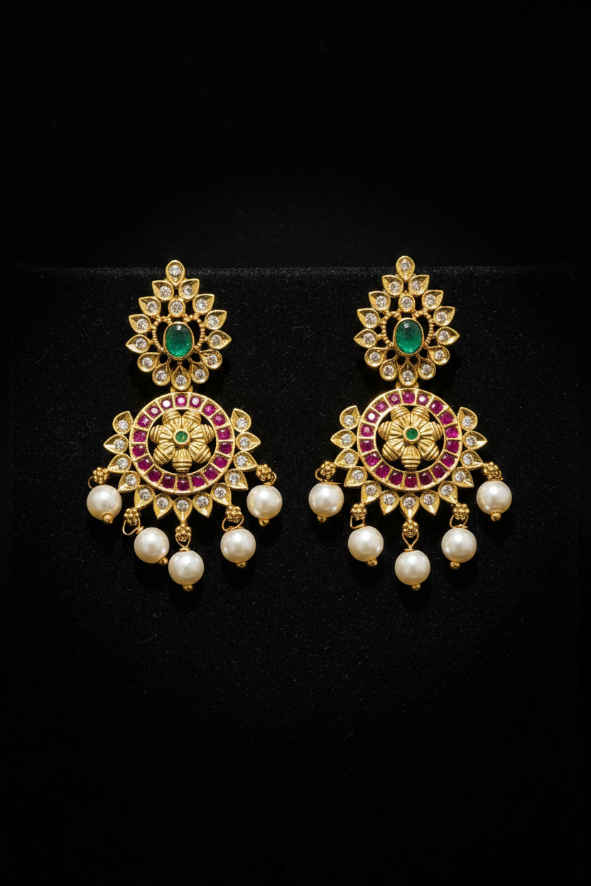 Gold chandelier earrings on black velvet background