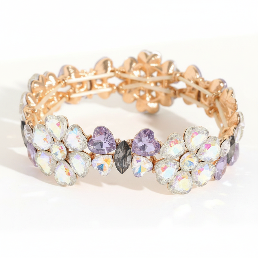 Rose gold aurora floral crystal bracelet product photography on white background
