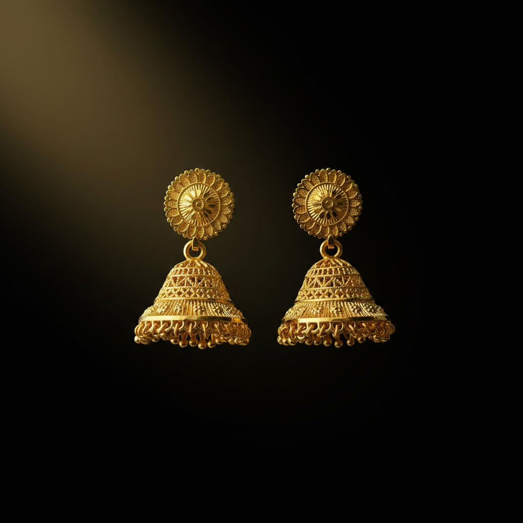 Gold jhumka earrings with floral stud and bell dome on black background