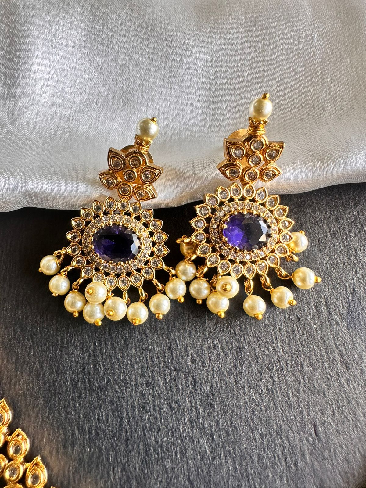Antique Gold-Tone Amethyst Necklace & Earring Combo Set with Pearl Drops