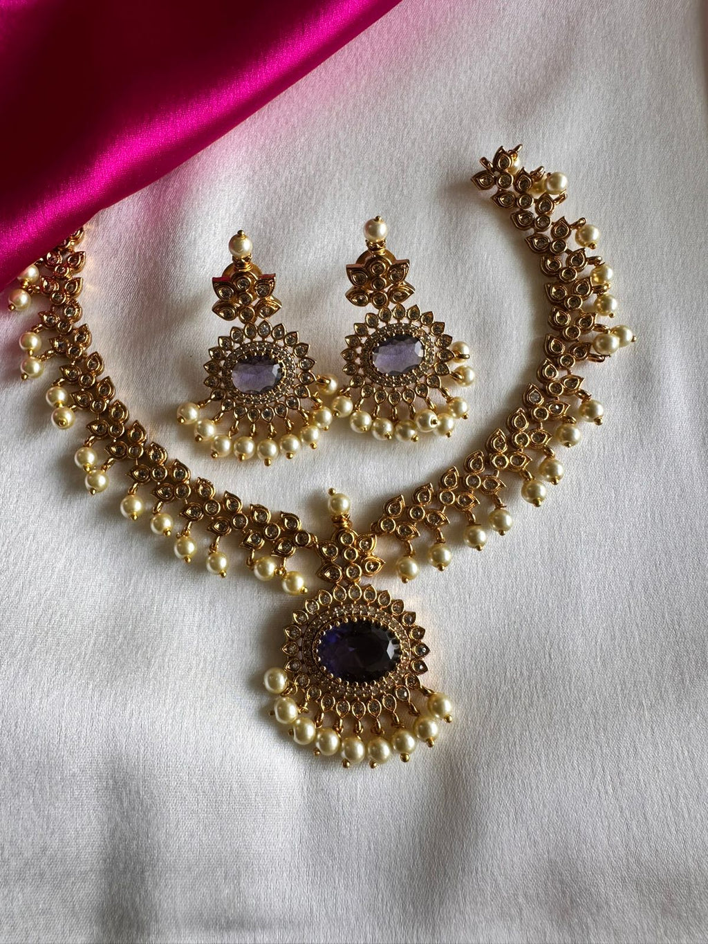 Antique Gold-Tone Amethyst Necklace & Earring Combo Set with Pearl Drops