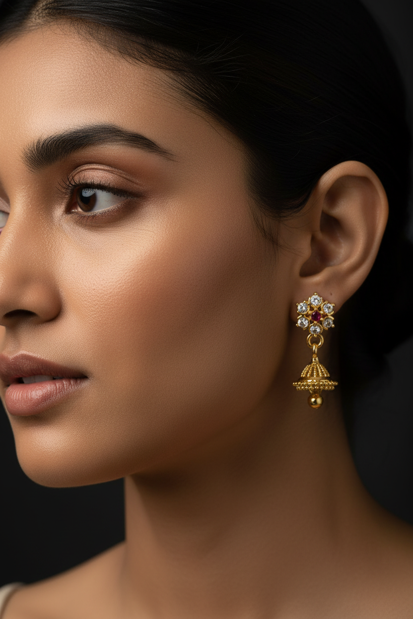 Indian woman wearing CZ flower jhumka drop earrings