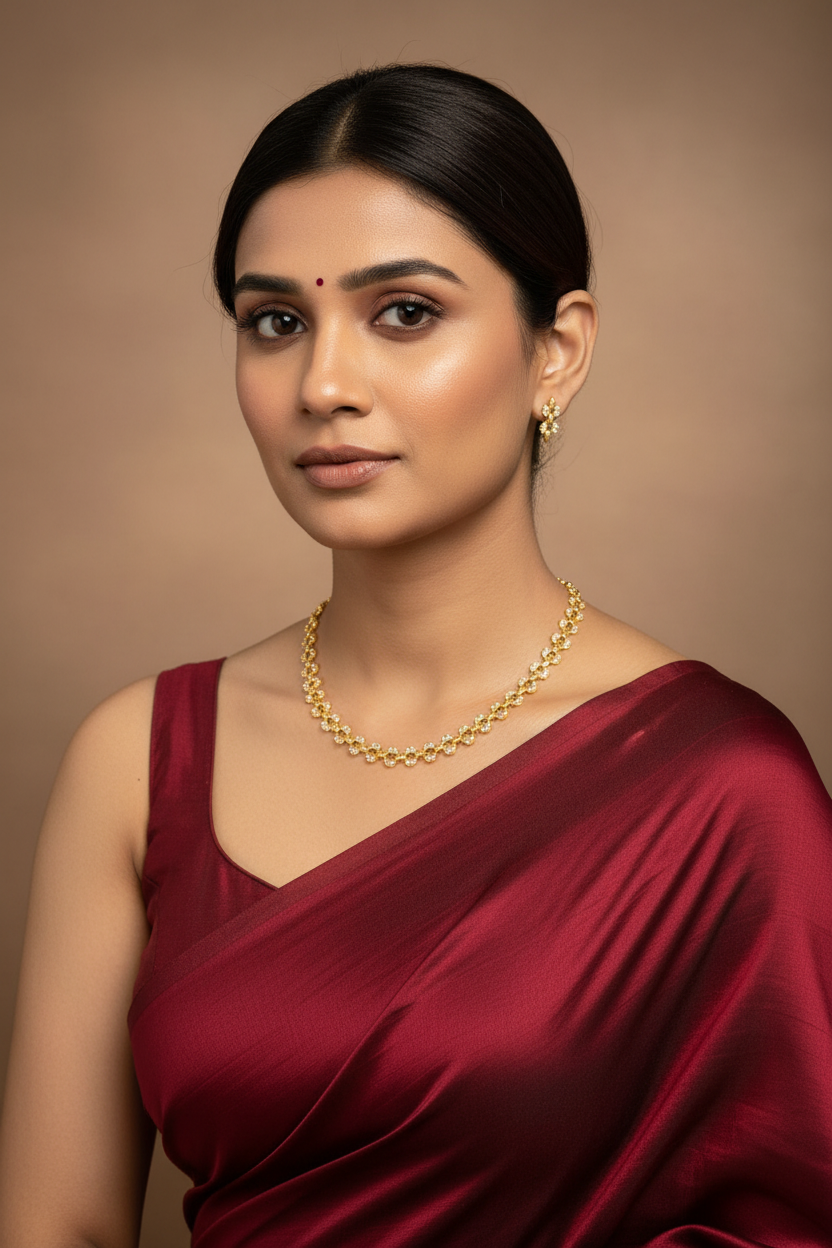 Indian Woman Wearing Gold Chain Necklace & Earrings