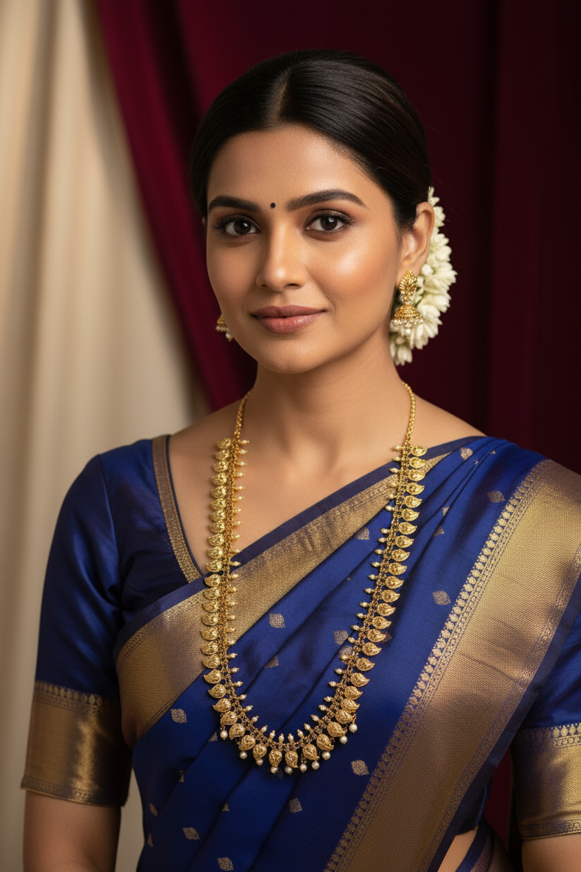 Indian woman wearing gold mango leaf necklace