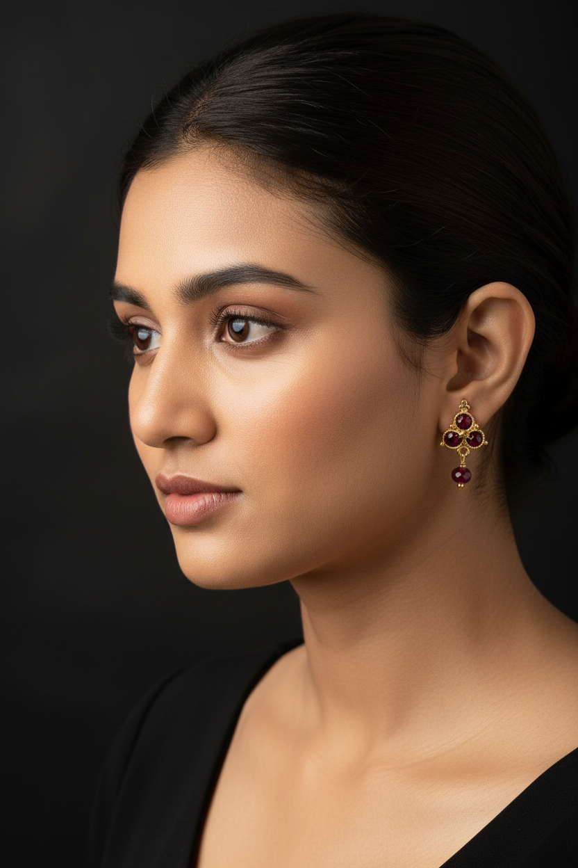 Indian woman wearing small petite gold garnet cross cluster drop earrings