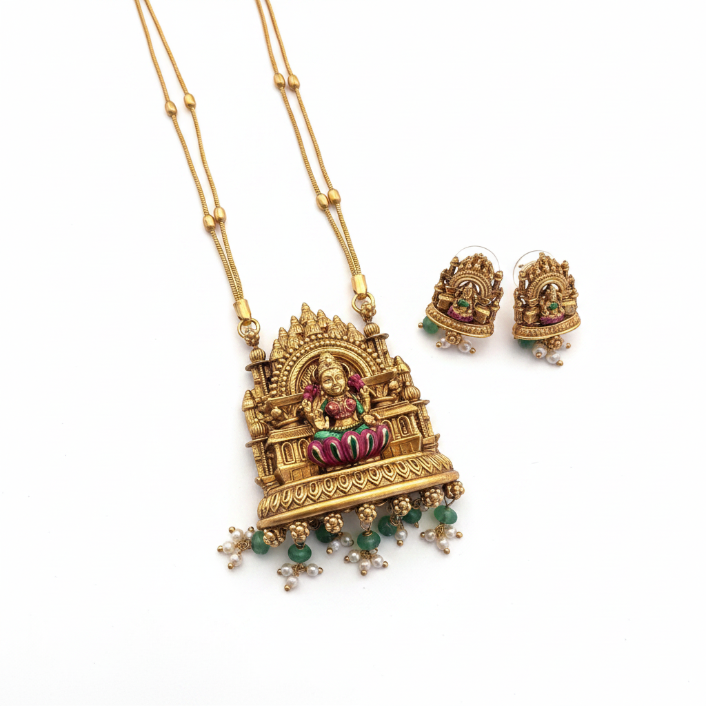 Lakshmi Temple Pendant Necklace Set - Website View