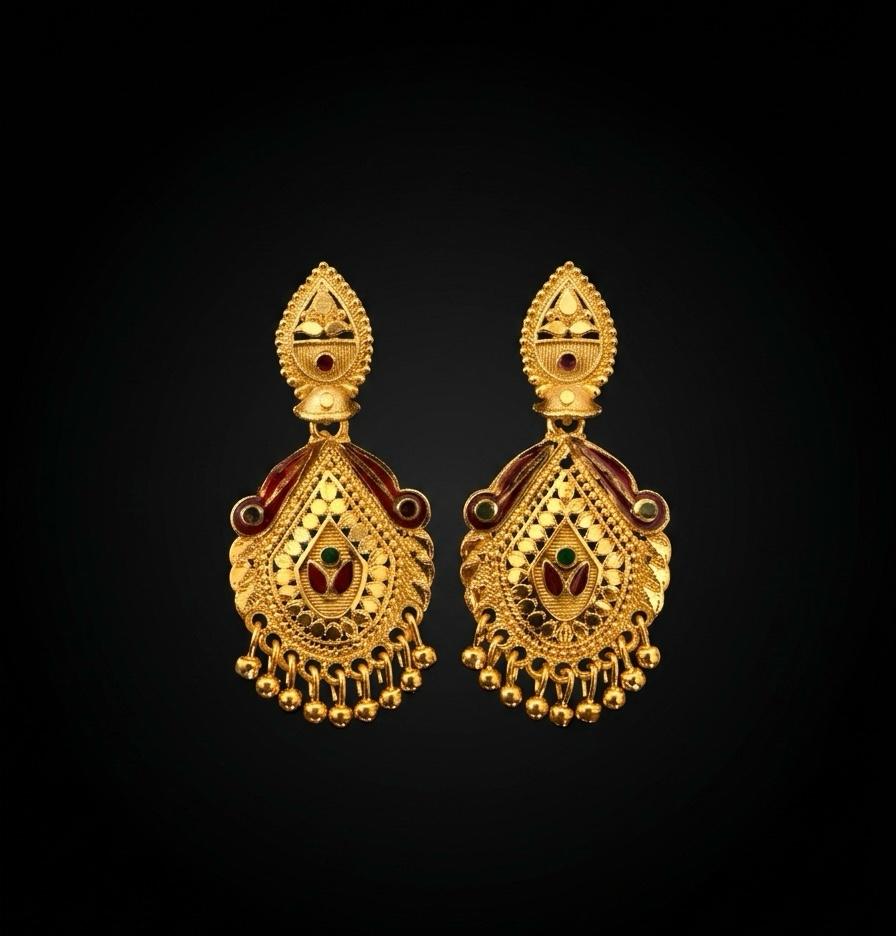 Gold Forming Kemp Meenakari Teardrop Chandbali Earrings | Screw Back | Bridal