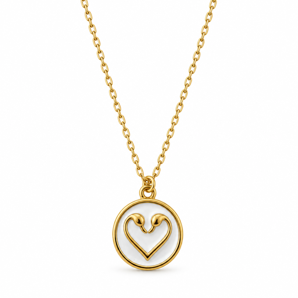 18K Gold Plated White-Inset Heart Medallion Pendant Chain