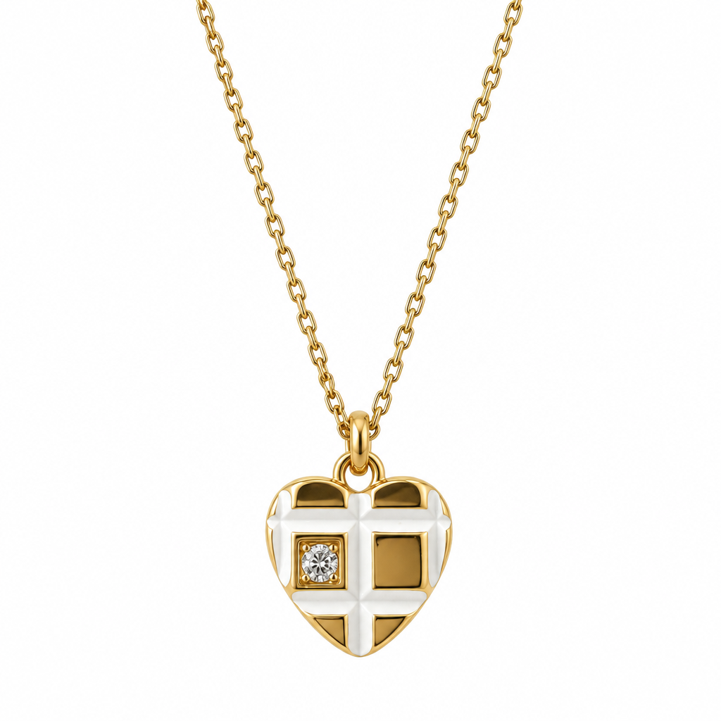 18K Gold Plated White-Grid Heart Pendant Chain