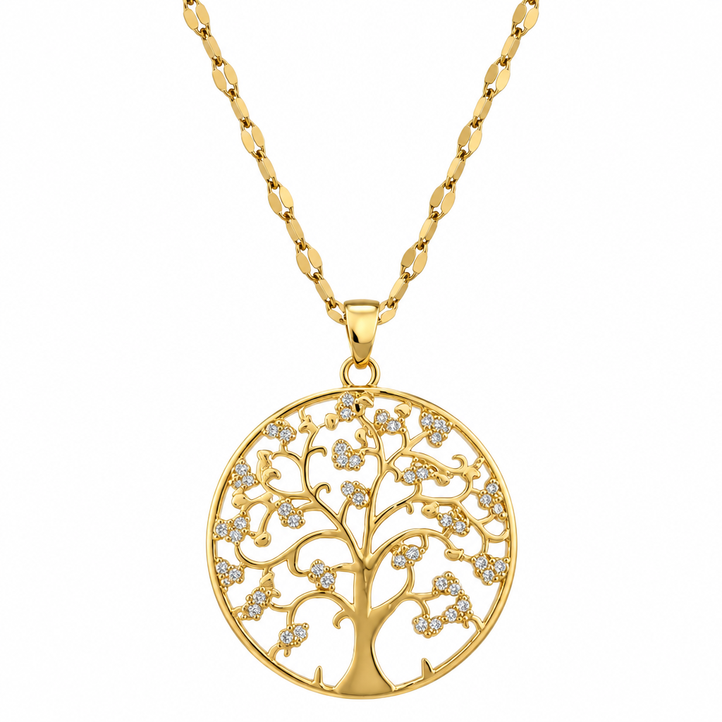 18K Gold Plated Tree of Life Clear-Accent Pendant Chain