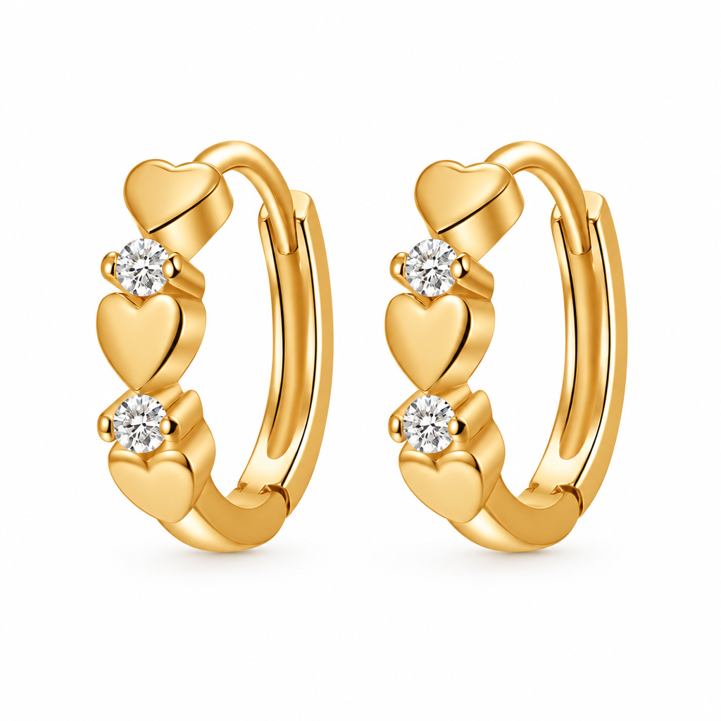 18K Gold Plated Triple Heart Clear-Accent Hoop Earrings