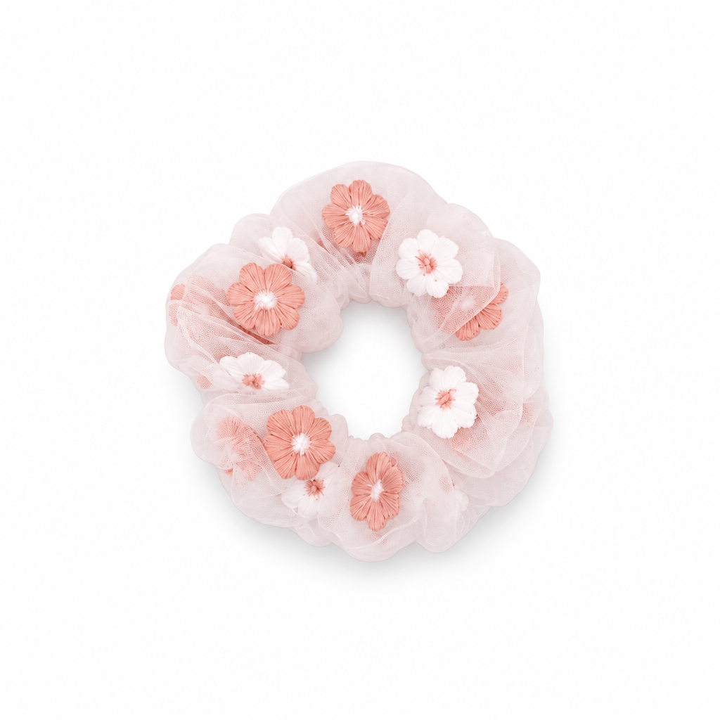 Pink and White Floral Scrunchie Hair Tie