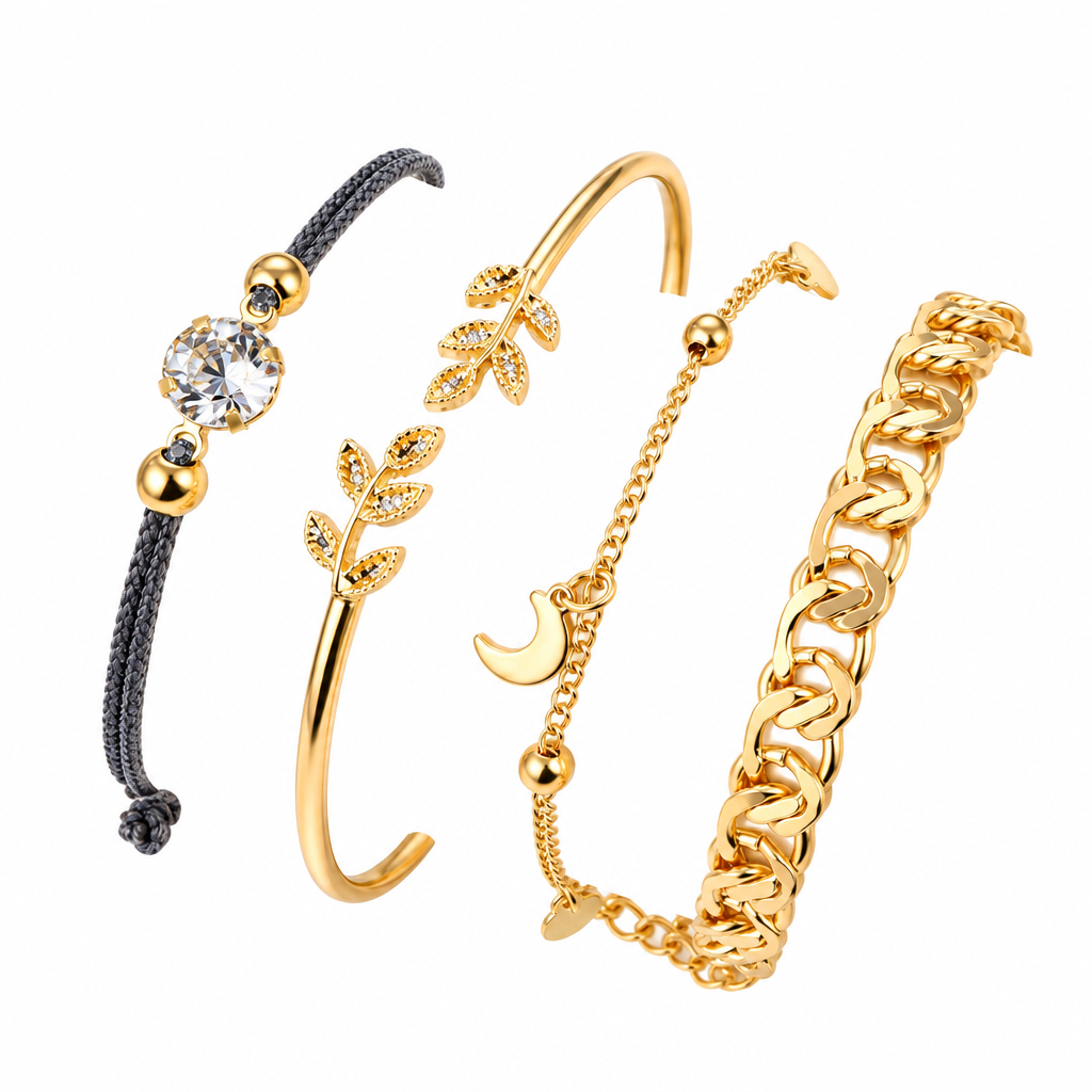 Gold plated jewellery on a clean white background