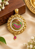 Micro gold plated peacock pendant with ruby, emerald and CZ stones