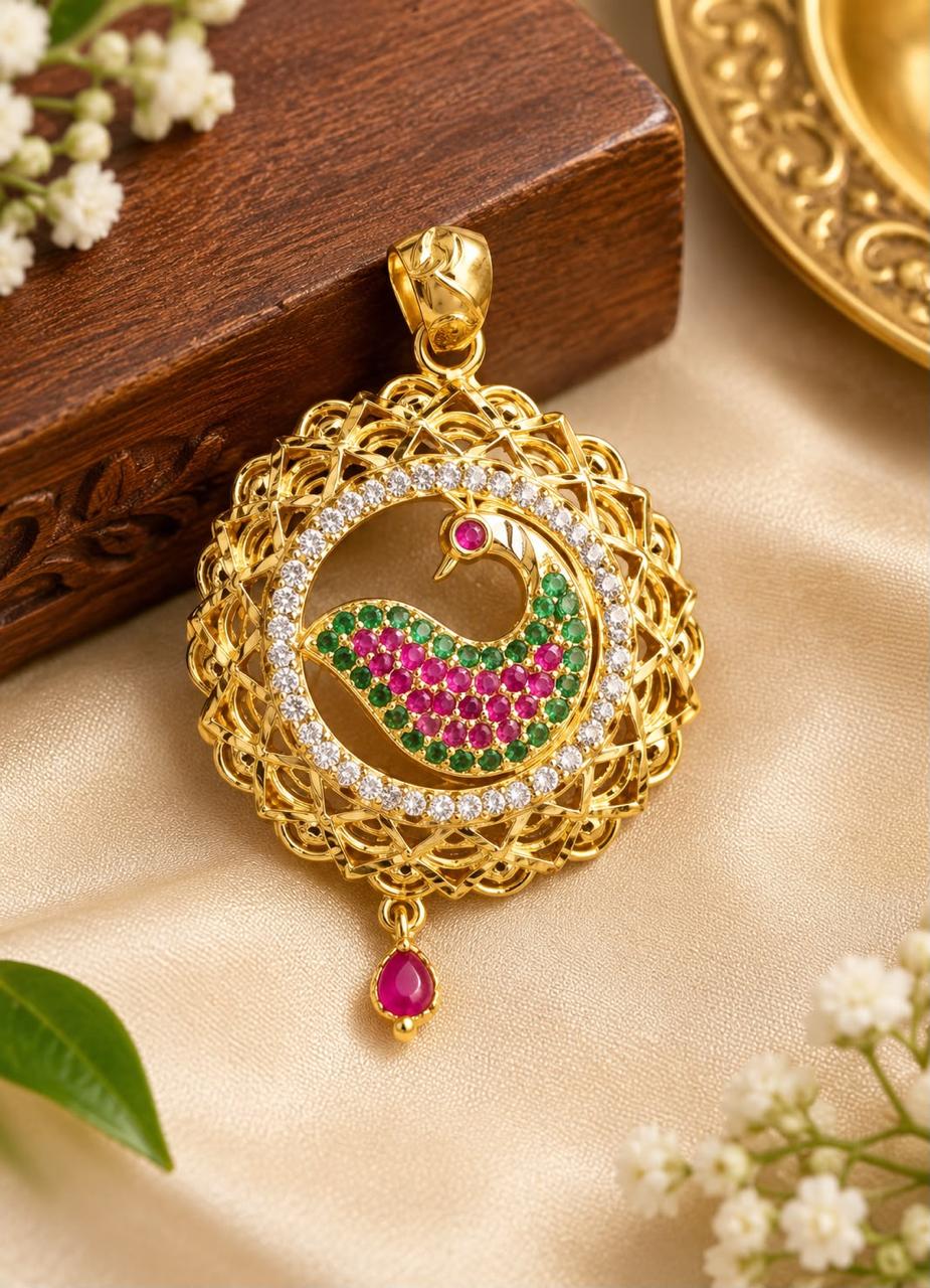 Micro gold plated peacock pendant with ruby, emerald and CZ stones