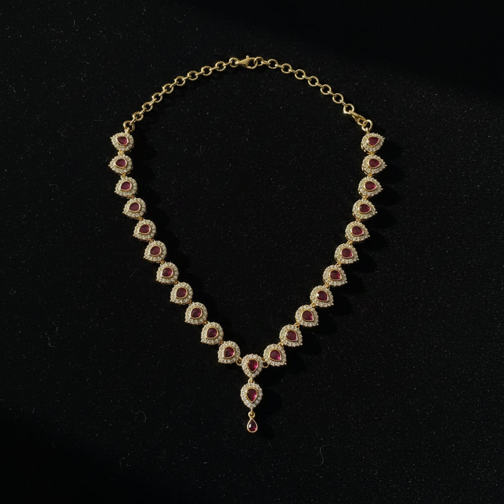 Ruby CZ Necklace on Dark Velvet Background