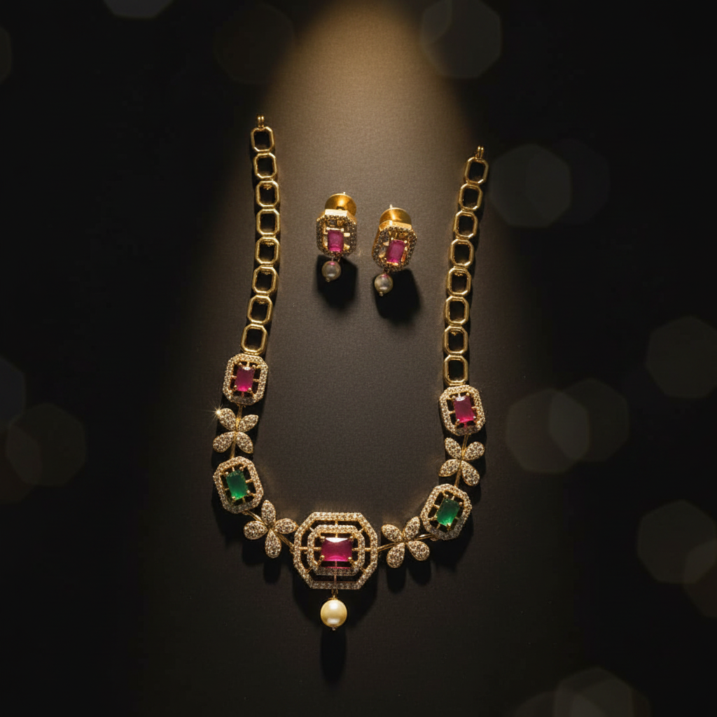 Ruby Emerald CZ Necklace – Jewel Photoshoot Style
