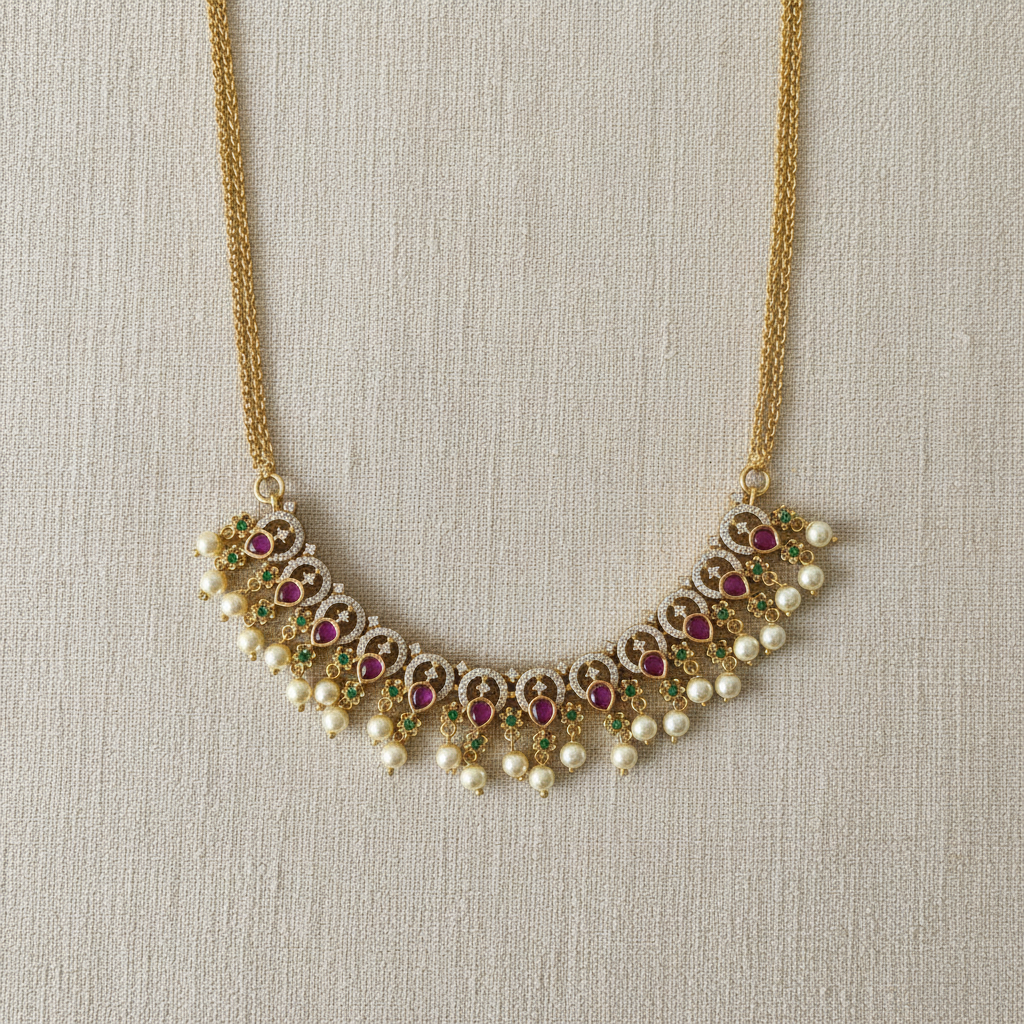 Ruby Gold Necklace on Beige Linen
