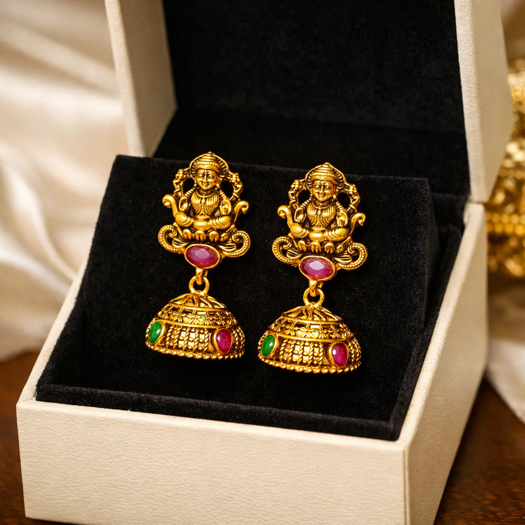 Matte Finishing Lakshmi Temple Jhumkas