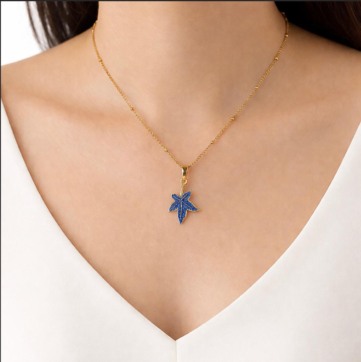 18K gold plated Blue maple leaf pendant chain