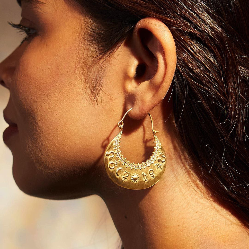 18K Gold Plated Golden Cosmic Navagraha Hoop Earrings