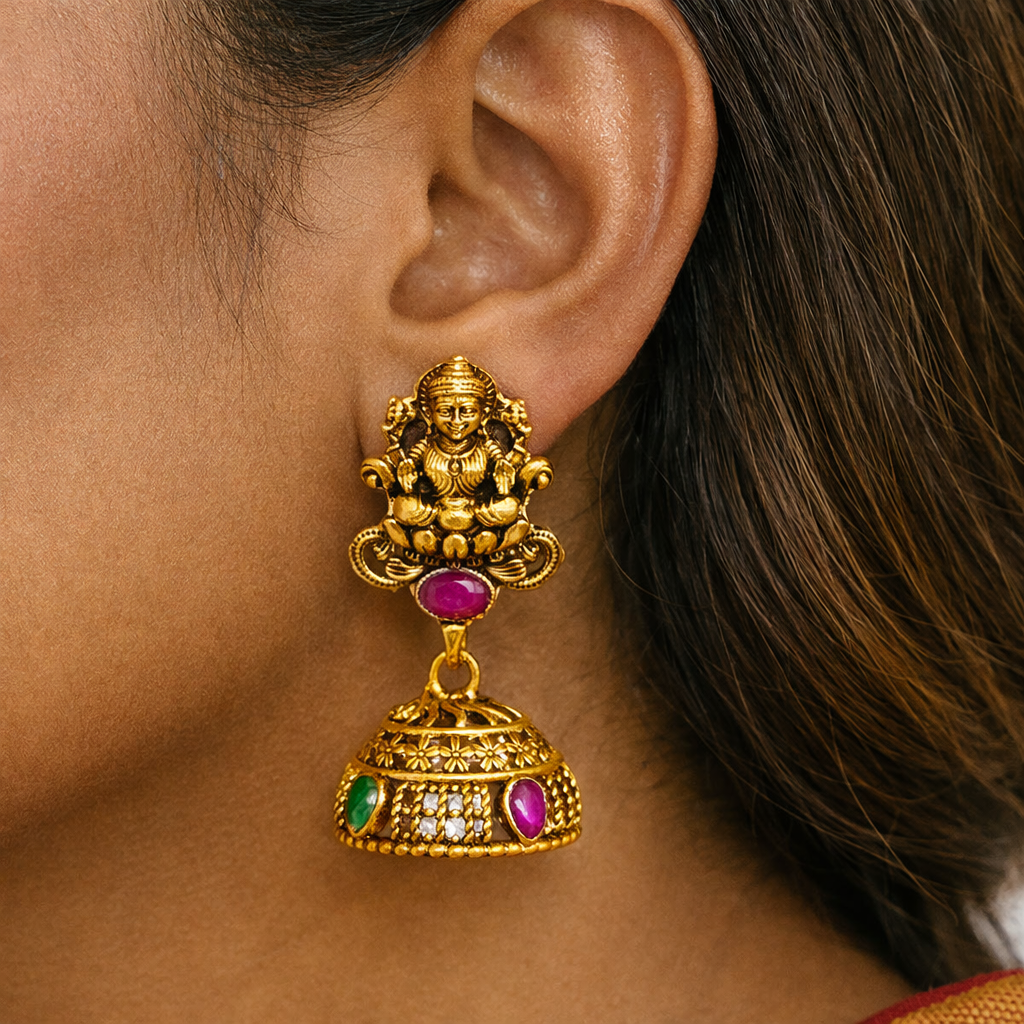 Matte Finishing Lakshmi Temple Jhumkas