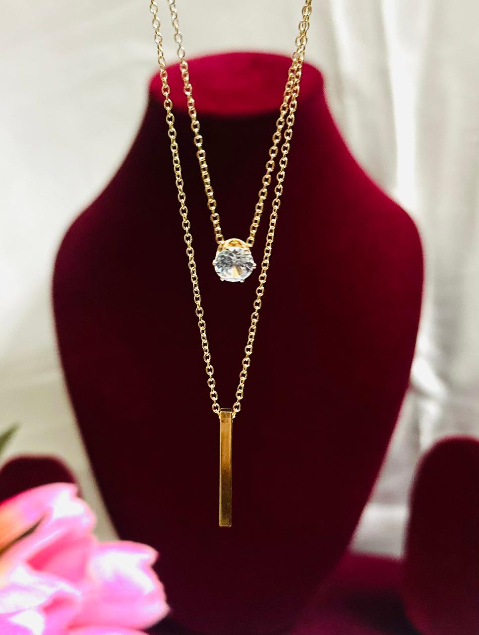18K gold plated 2 layer chain with Geometric stone and linear bar pendant