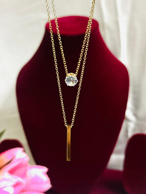 18K gold plated 2 layer chain with Geometric stone and linear bar pendant