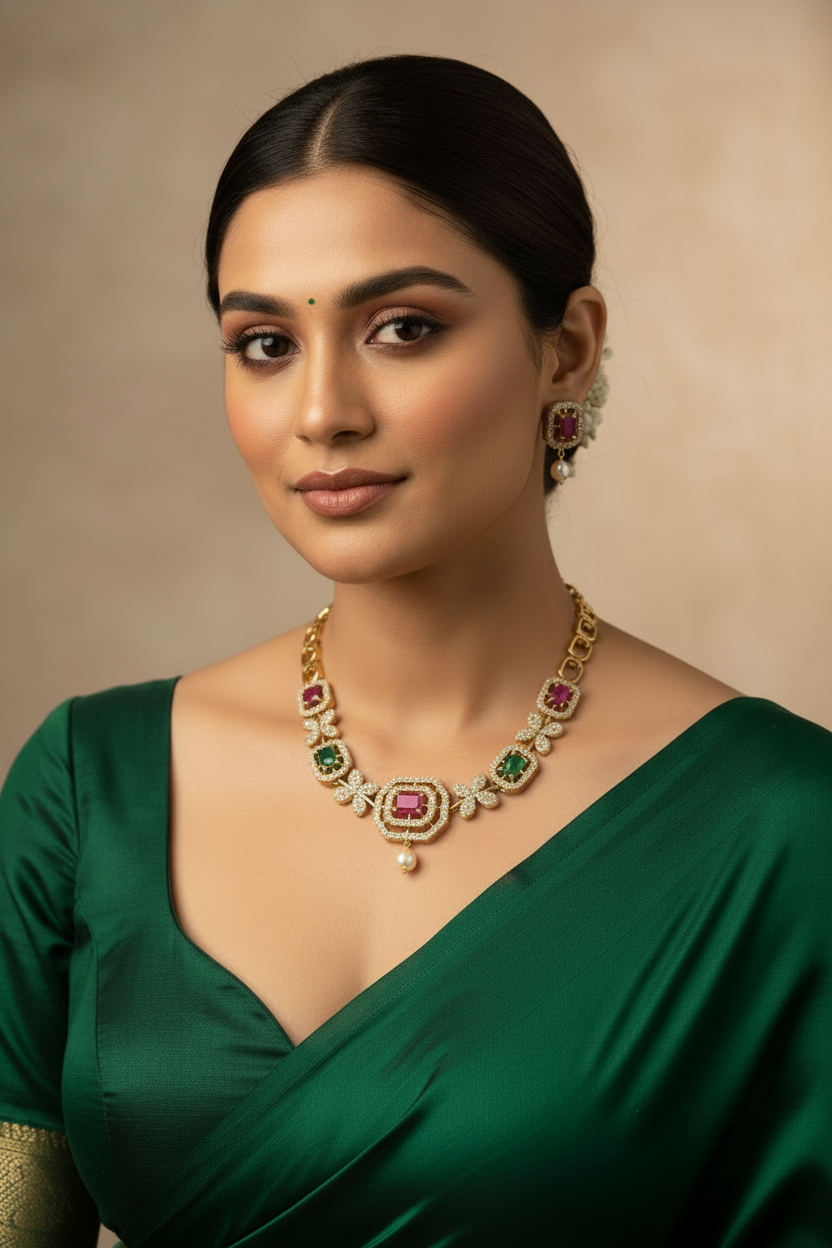 Smaller Delicate Ruby Emerald CZ Necklace on Model