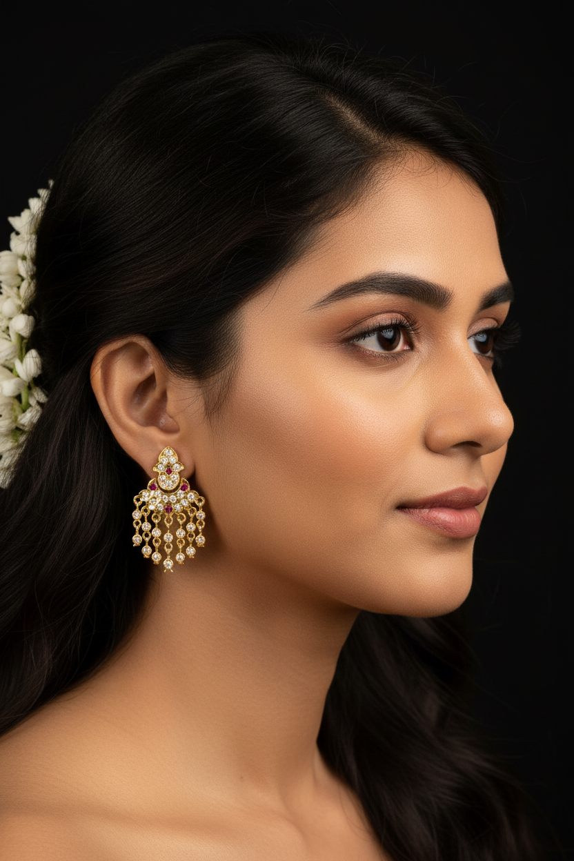 South Indian model wearing 1-inch gold chandelier earrings