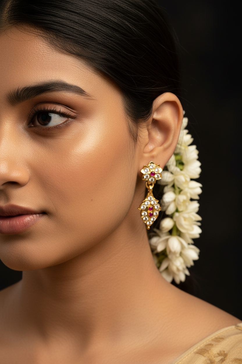 South Indian model wearing small floral CZ ruby drop earrings