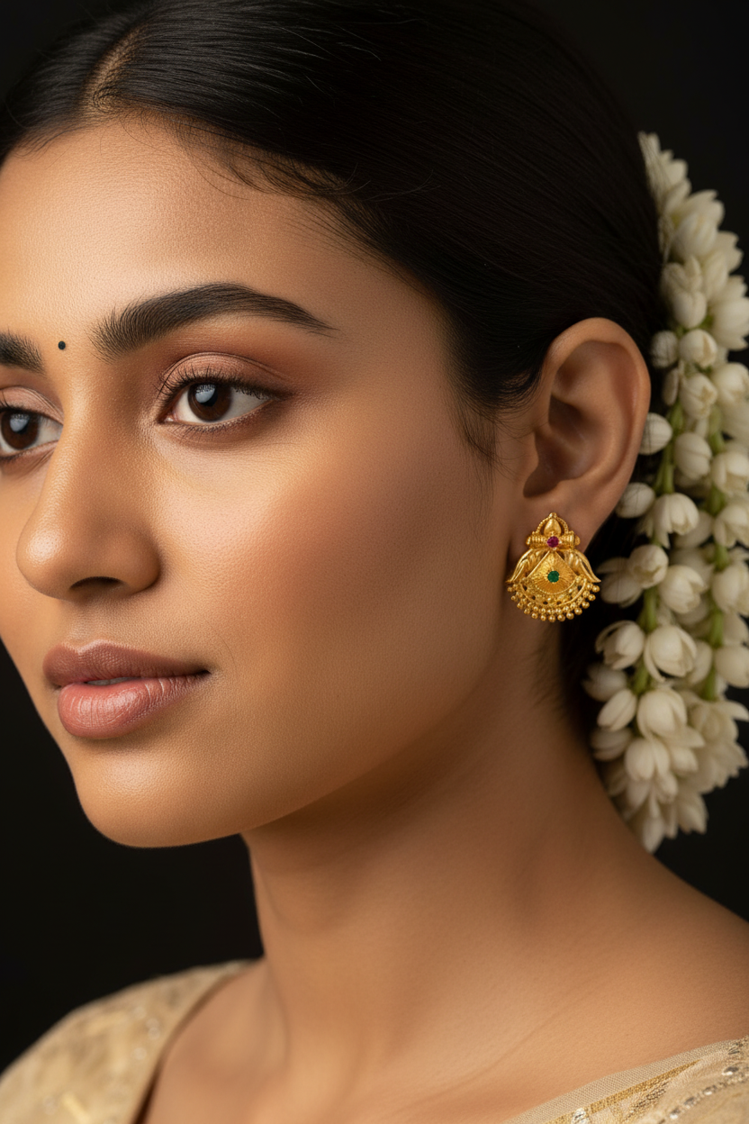 South Indian woman wearing small gold Annapakshi fan earrings