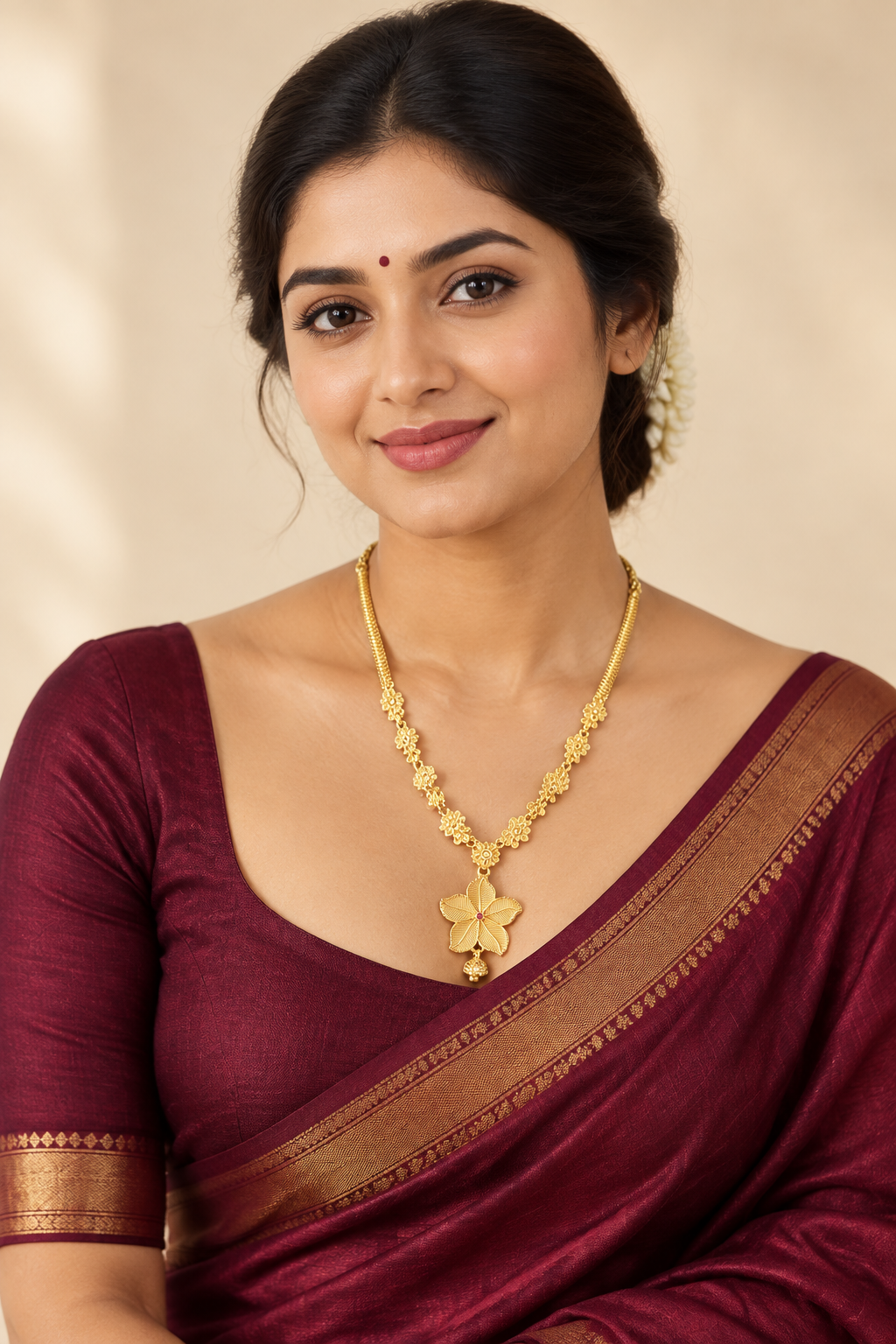South Indian woman wearing the floral necklace