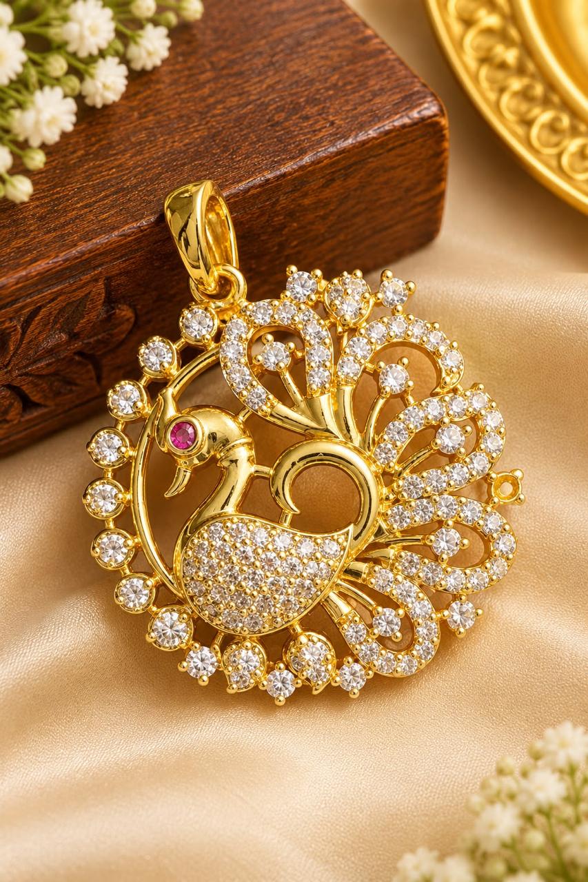 Micro gold plated dancing peacock pendant with white CZ fanned tail