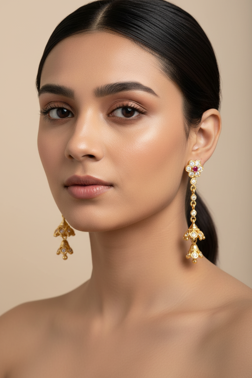 Woman wearing CZ Jhumka Drop Earrings