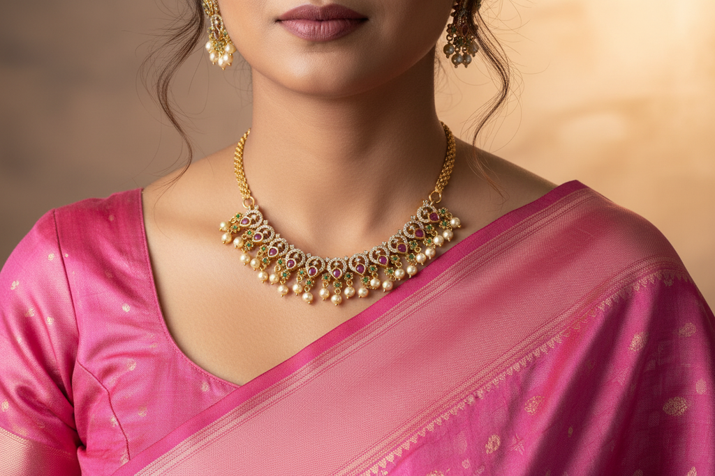Woman Wearing Ruby Gold Necklace