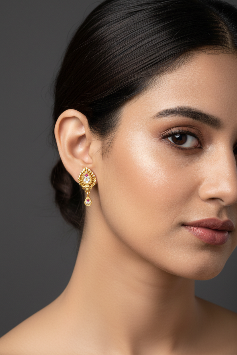 Woman wearing small petite gold lattice stud earrings