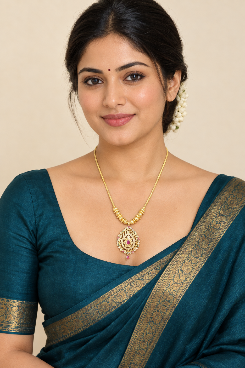 Woman wearing the teardrop pendant necklace