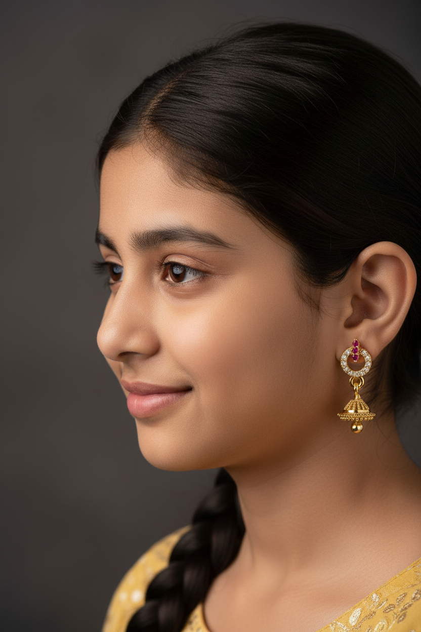 Young Indian girl wearing baby gold jhumka earrings
